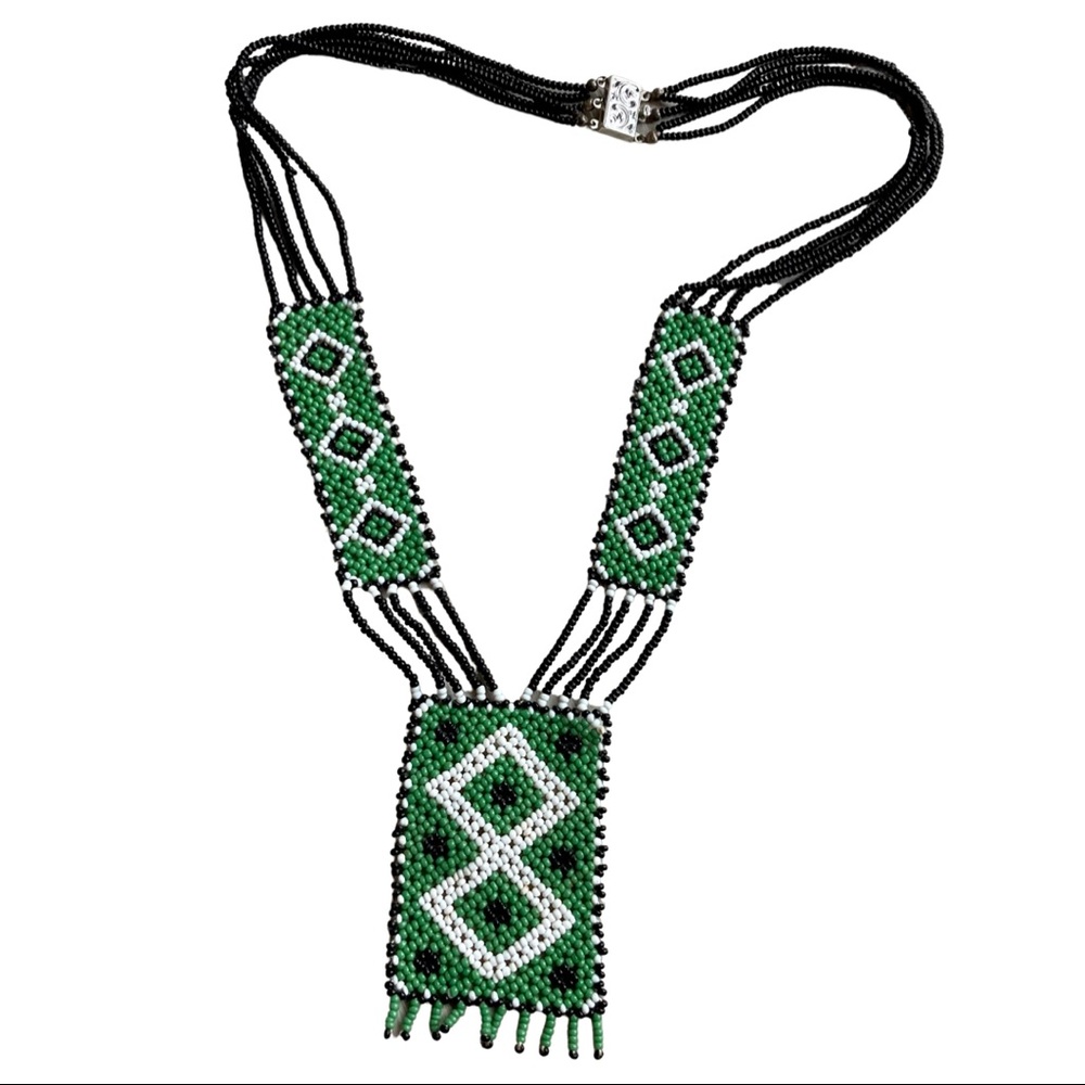 Beaded Flapper Necklace with Silver Clasp Native American Style European Antique